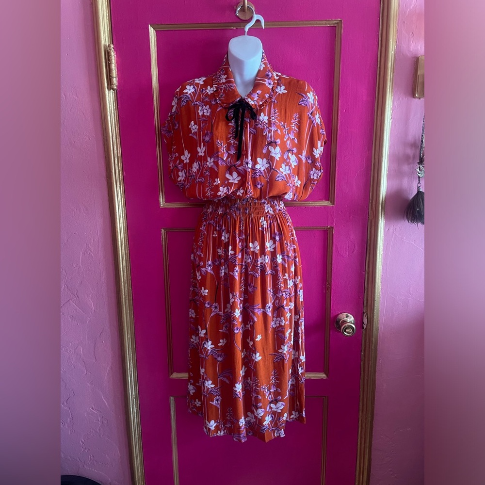 Rare Corey Lynn Calter orange & purple flower Clementine dress with velvet tie - Picture 4 of 10